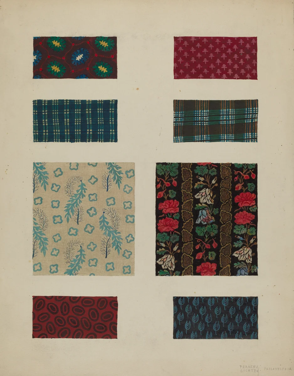 Materials from Patchwork Bedspread by Frances Lichten, index of american design, 1936