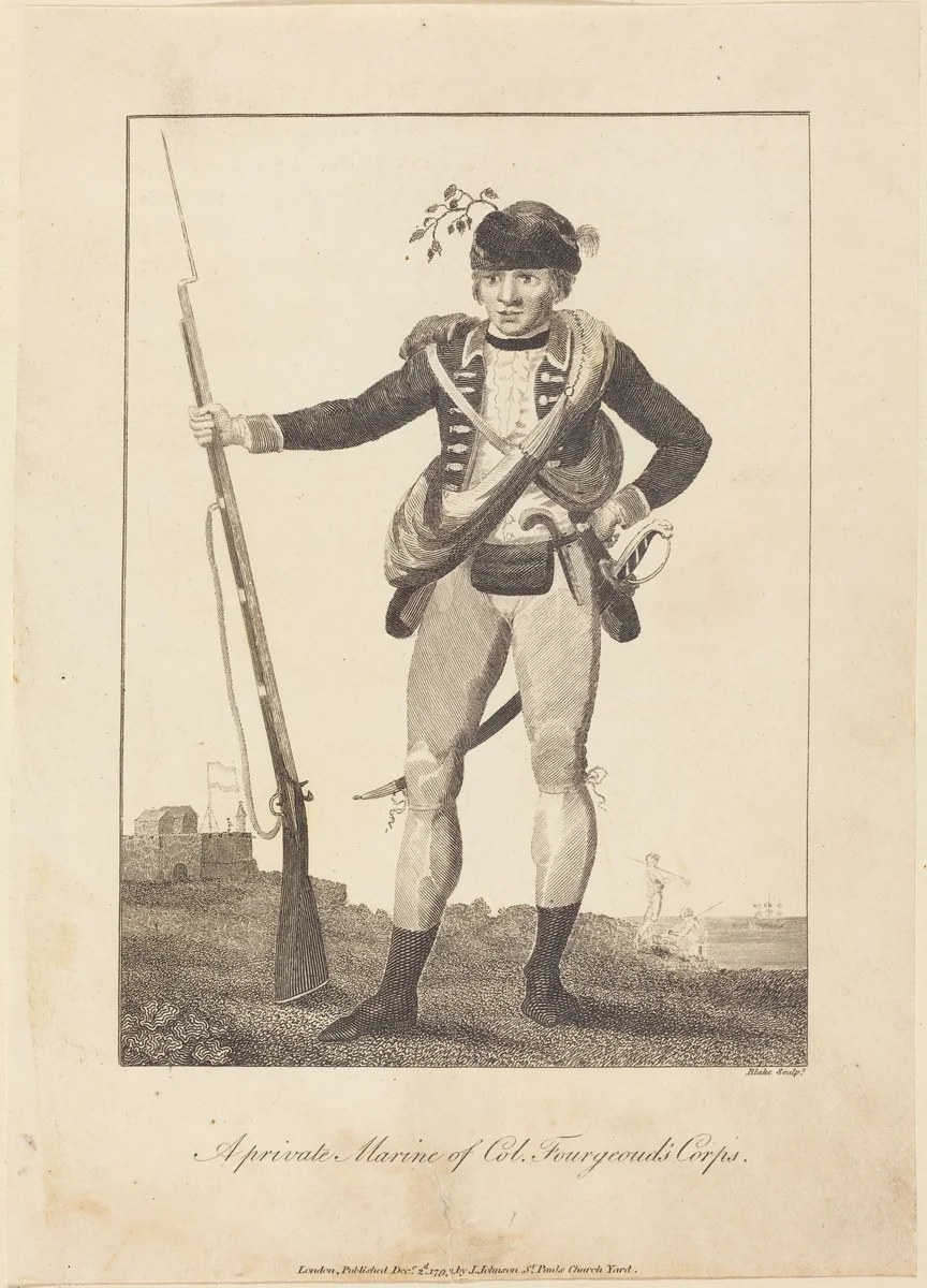 A private Marine of Col. Fourgeoud's Corps by William Blake; John Gabriel Stedman, print, 1793