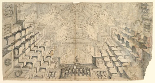 Design for a Ceiling (recto); Studies of an Arcade (verso) by anonymous, drawing, 1600-1699