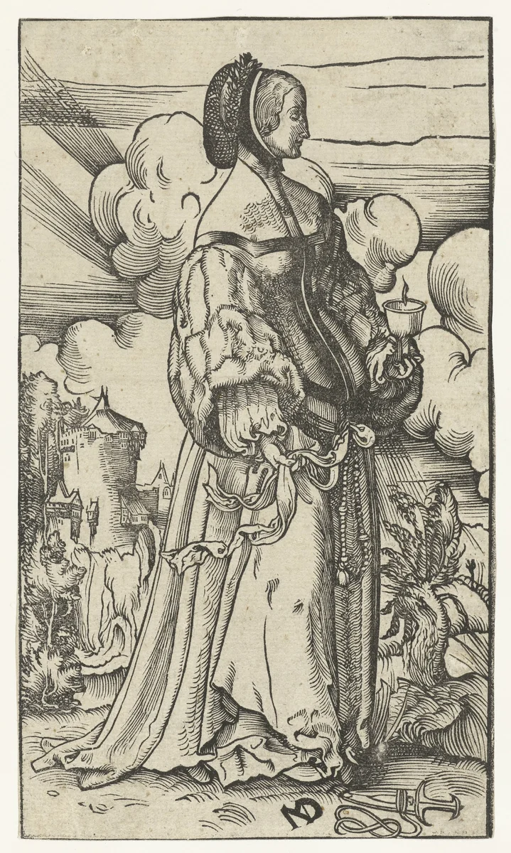 Wijze maagd met brandende olielamp in landschap by Unknown, print, 1518