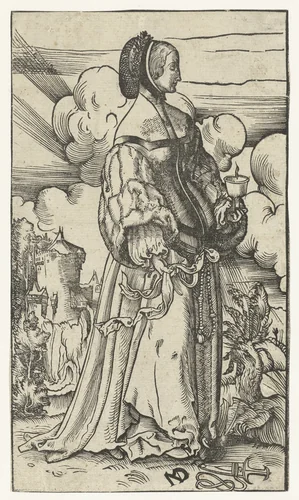 Wijze maagd met brandende olielamp in landschap by Unknown, print, 1518