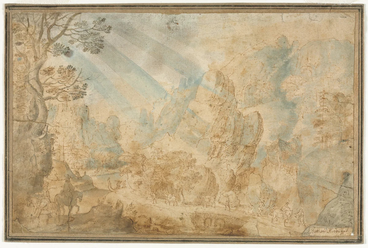 Mountain Landscape with Figures by Anton Mirou, drawing, 1600-1650