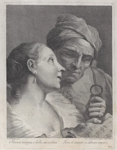 A schoolgirl and her music teacher looking at a sheet of music by Joseph Wagner, print, 1725-1780