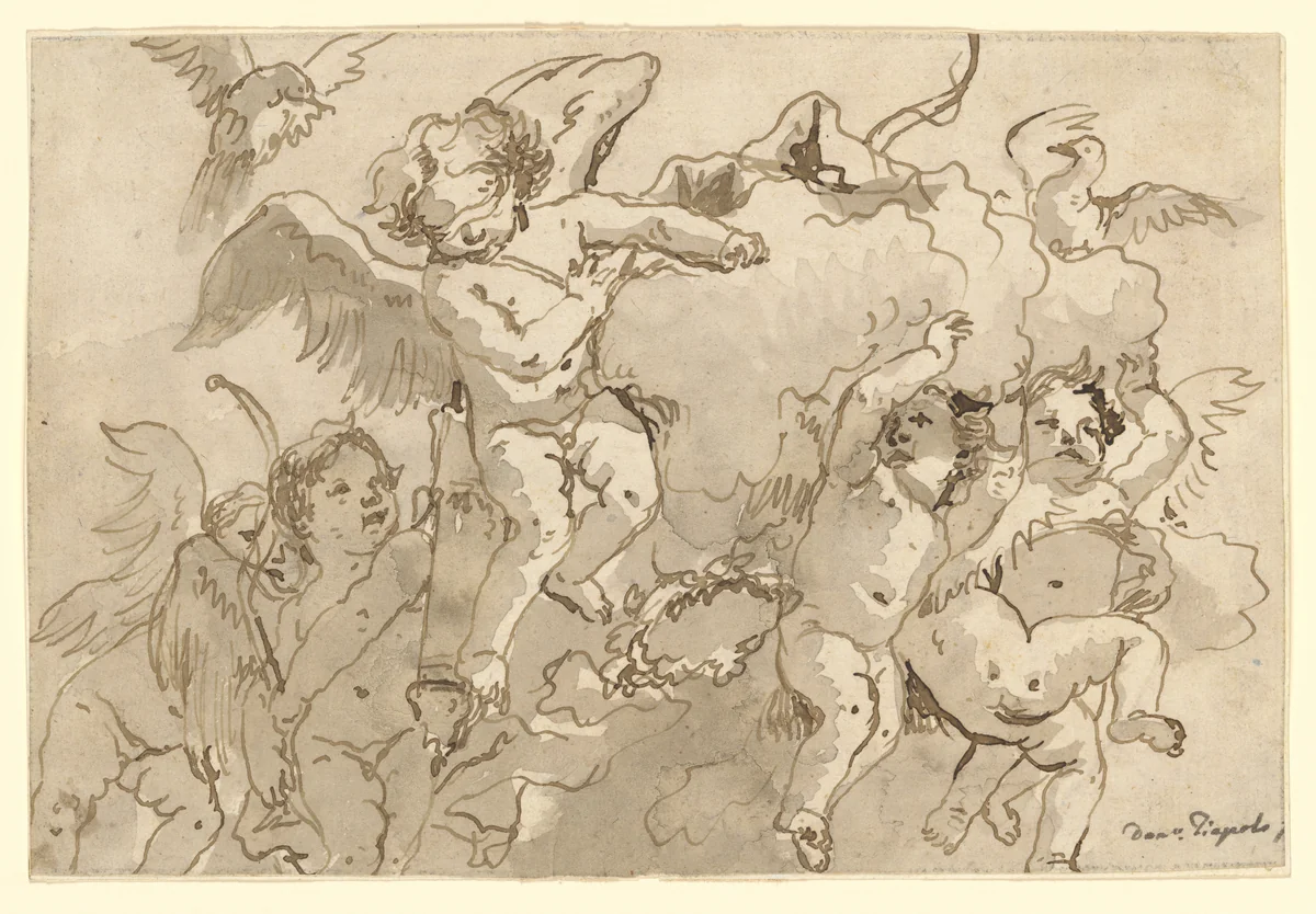 Cupid Blindfolded in the Clouds, with Five Attendant Putti by Giovanni Domenico Tiepolo, drawing, 1767-1793
