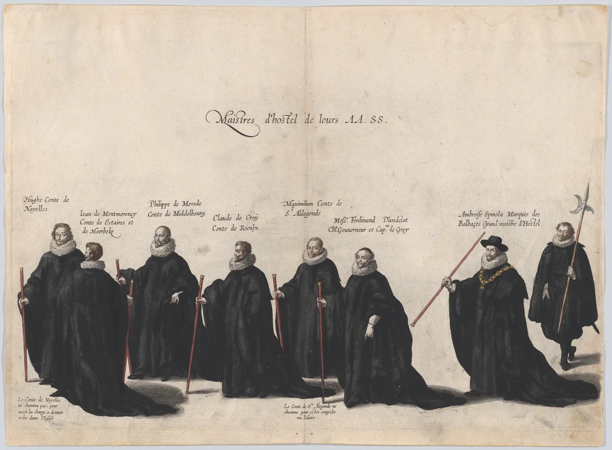 Plate 53: Eight figures marching in the funeral procession of Archduke Albert of Austria; from 'Pompa Funebris ... Alberti Pii' by Cornelis Galle, print, 1623