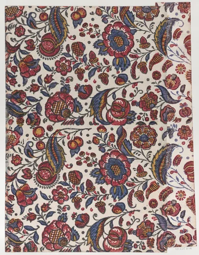 Paste paper with overall pattern of red, blue, and yellow flowers by anonymous, print, 1800-1900