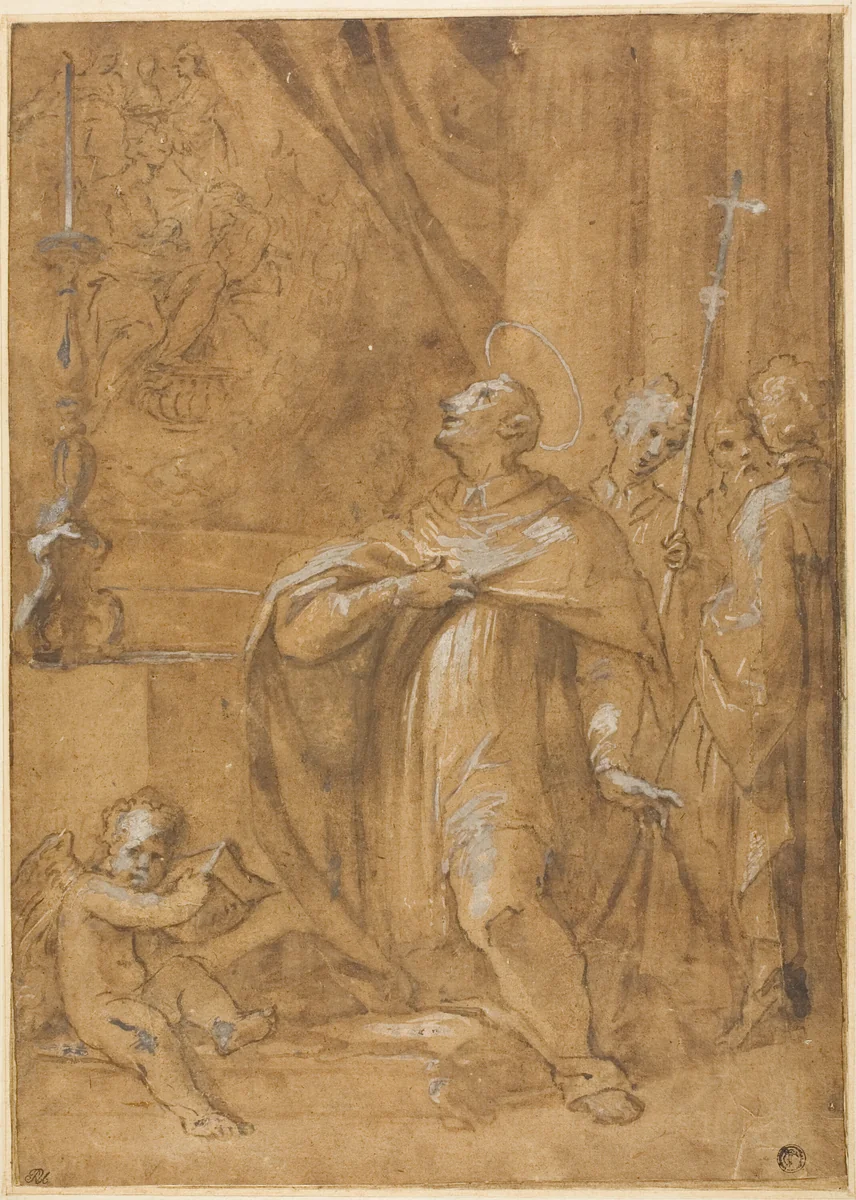 San Carlo Borromeo Adoring an Image of the Birth of the Virgin by Sigismondo Caula, drawing, 1684-1687