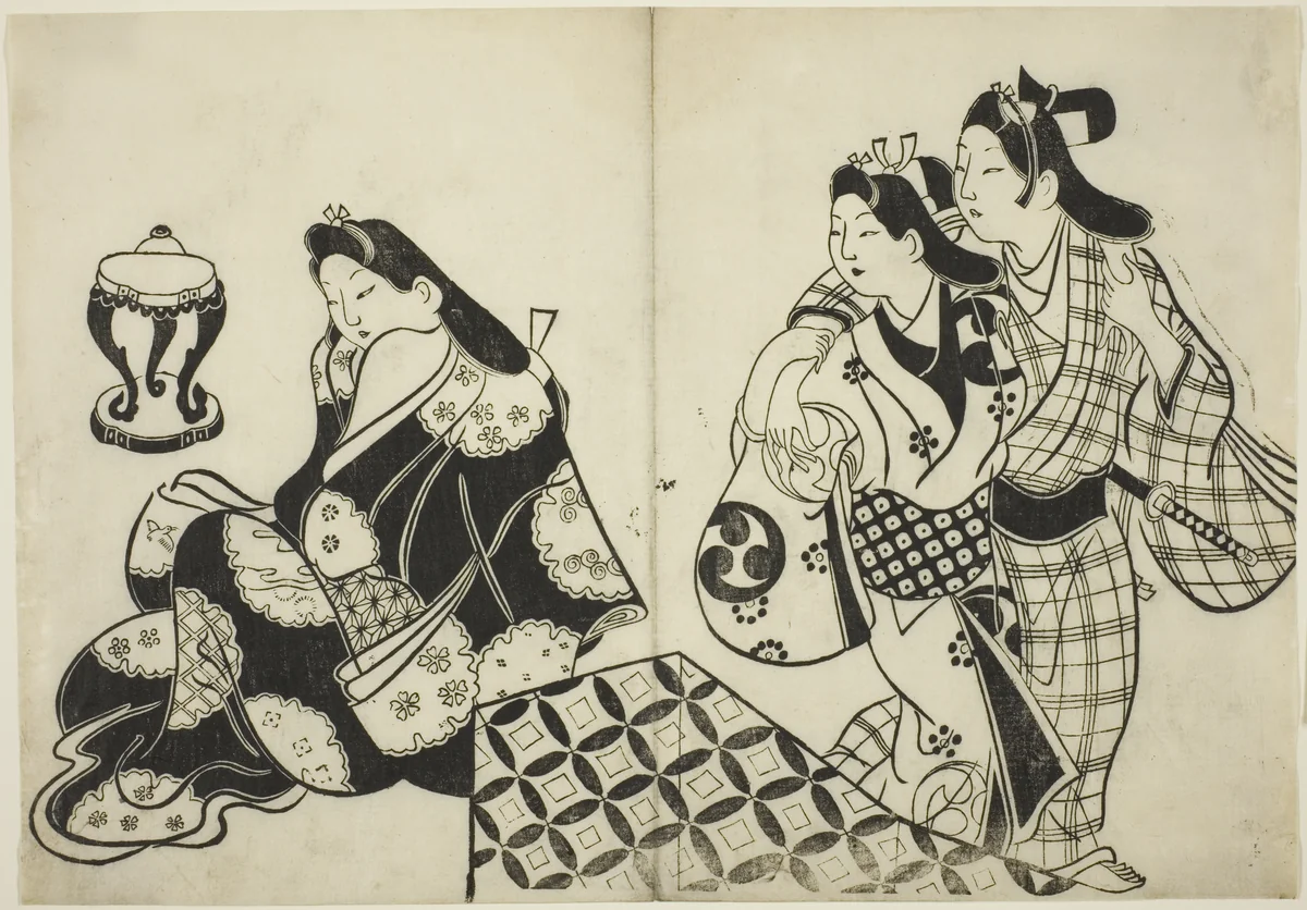 Lovers Leaving a Room by Sugimura Jihei, print, 1679-1703