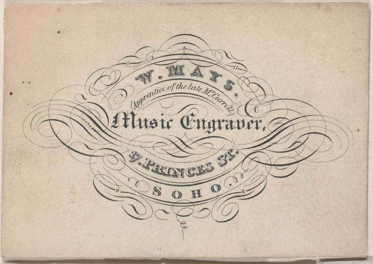 Trade Card for W. Mays, Music Engraver by anonymous, print, 1800-1900