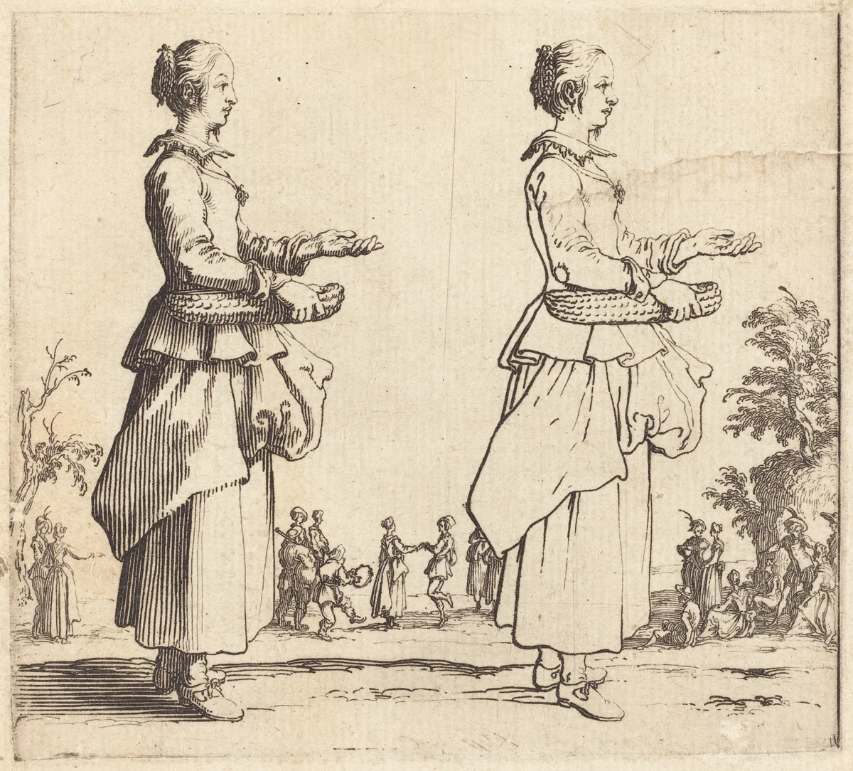 Peasant Woman with Basket, in Profile, Facing Right by Jacques Callot, print, 1621-1624