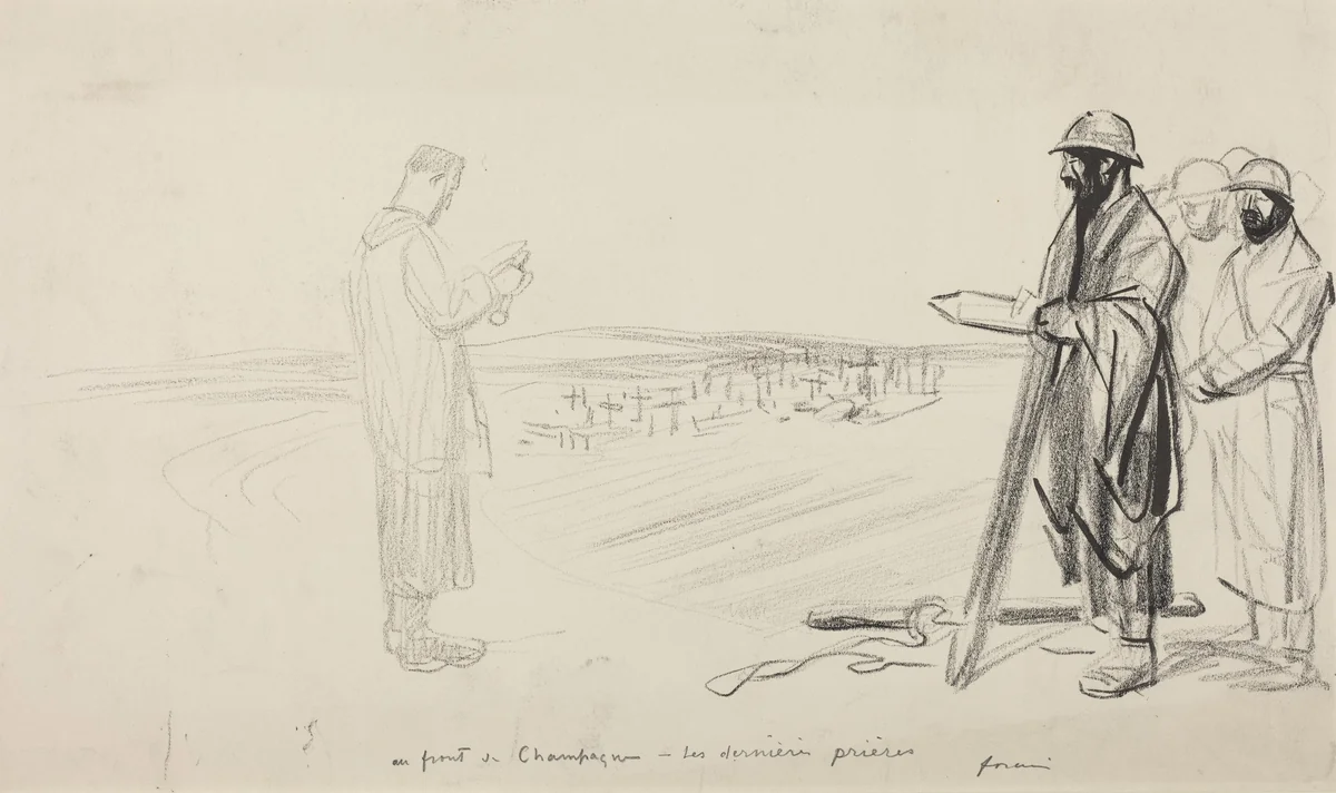 Au front de Champagne - Les dernieres prieres by Jean-Louis Forain, drawing, 1914-1919