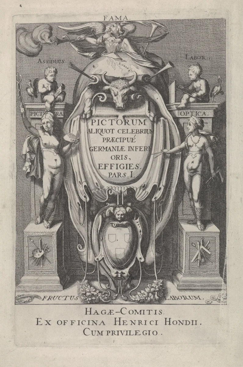 Wapenschild en personificaties by Hendrick Hondius, print, 1610