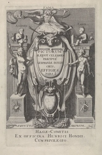 Wapenschild en personificaties by Hendrick Hondius, print, 1610