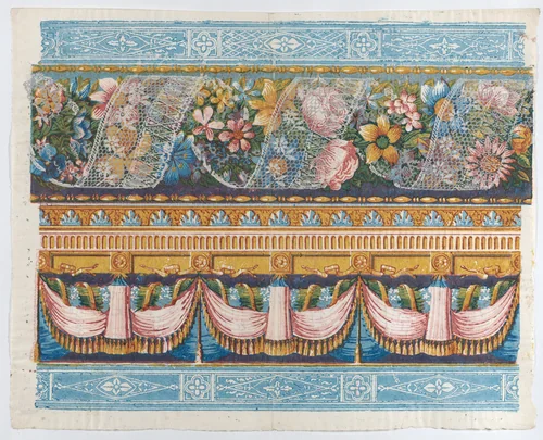 Sheet with lace atop a floral garland with drapery below by anonymous, print, 1775-1875