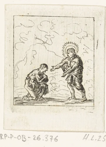 Christus toont zijn wonden aan een voor hem knielende man (de apostel Tomas?) by Ernst Willem Jan Bagelaar, print, 1798-1837