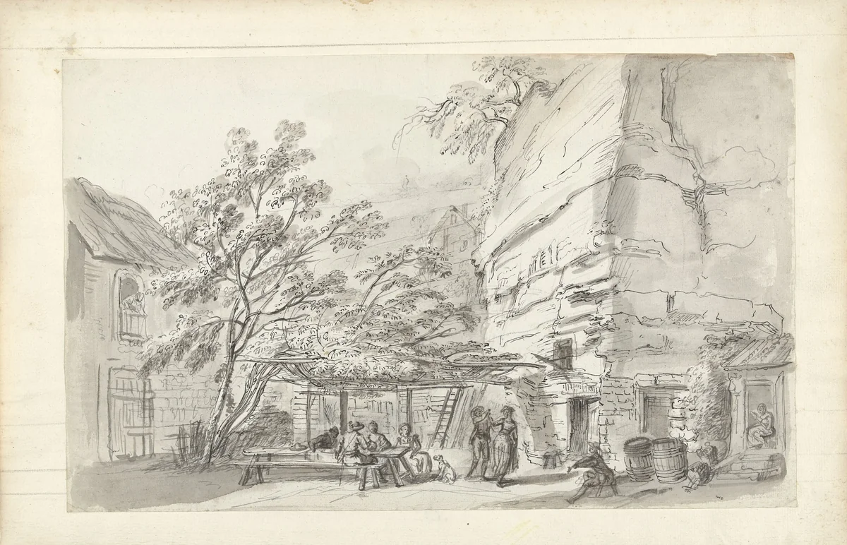 Drinkende en dansende personen op de binnenplaats van een taveerne tussen ruïnes by Jean Baptiste Lallemand, drawing, 1726-1803