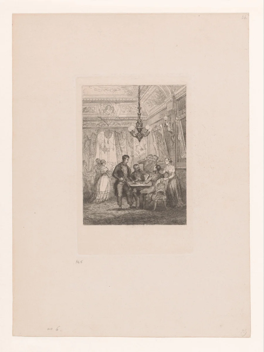 Salon met groep kaartspelers aan tafel by Corneille Seghers, print, 1824-1869