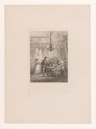Salon met groep kaartspelers aan tafel by Corneille Seghers, print, 1824-1869