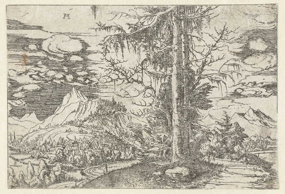 Landschap met dubbele spar by Unknown, print, 1506-1522
