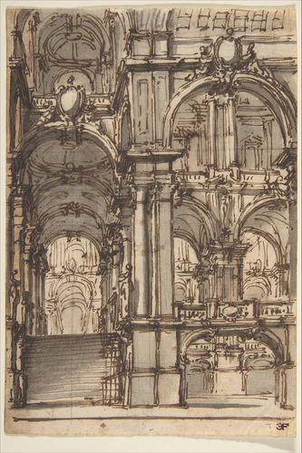 Design for a Stage Set: Stairway and Arcades Leading to a Salone by Giovanni Battista Natali, drawing, 1698-1765