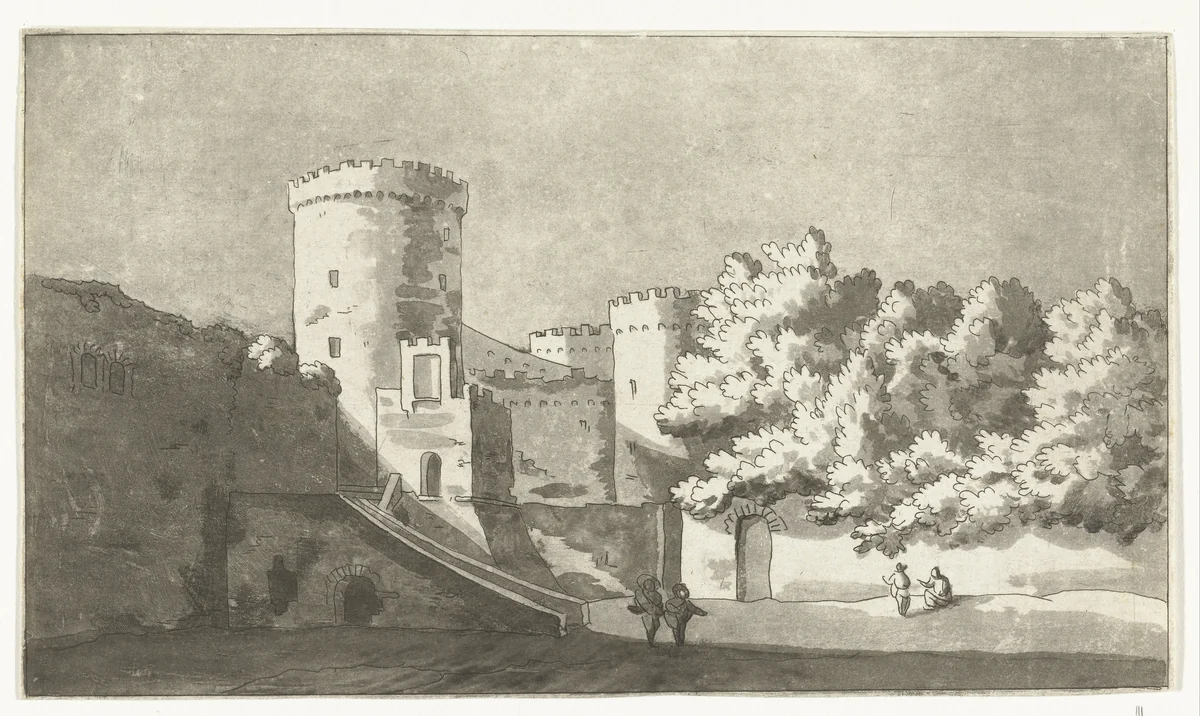Muur van een burcht met torens by Anthonie van den Bos, print, 1778-1838