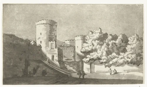 Muur van een burcht met torens by Anthonie van den Bos, print, 1778-1838