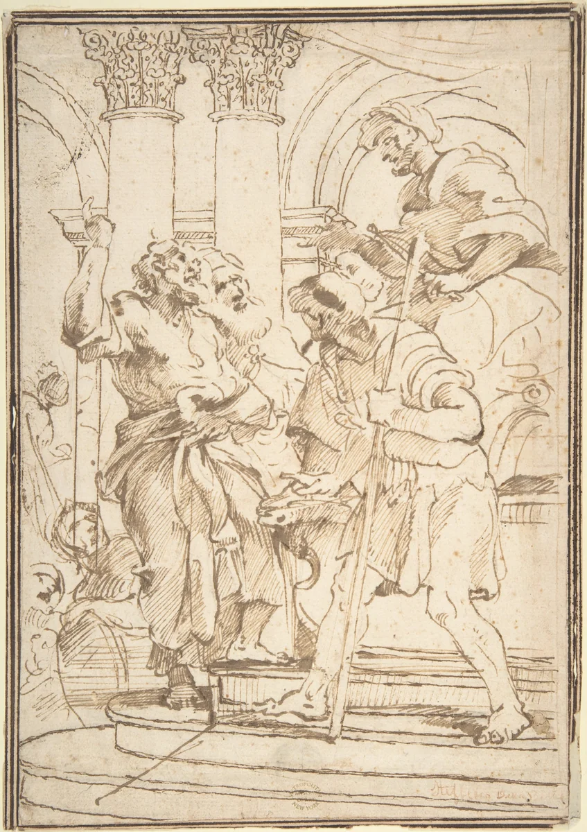 Figures in a Temple by anonymous, drawing, 1600-1700