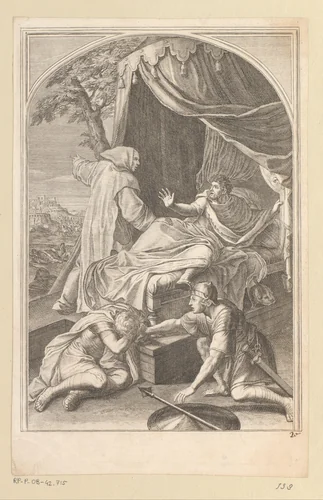 Verschijning van de Heilige Bruno aan de Comte Roger by François Chauveau, print, 1623-1676