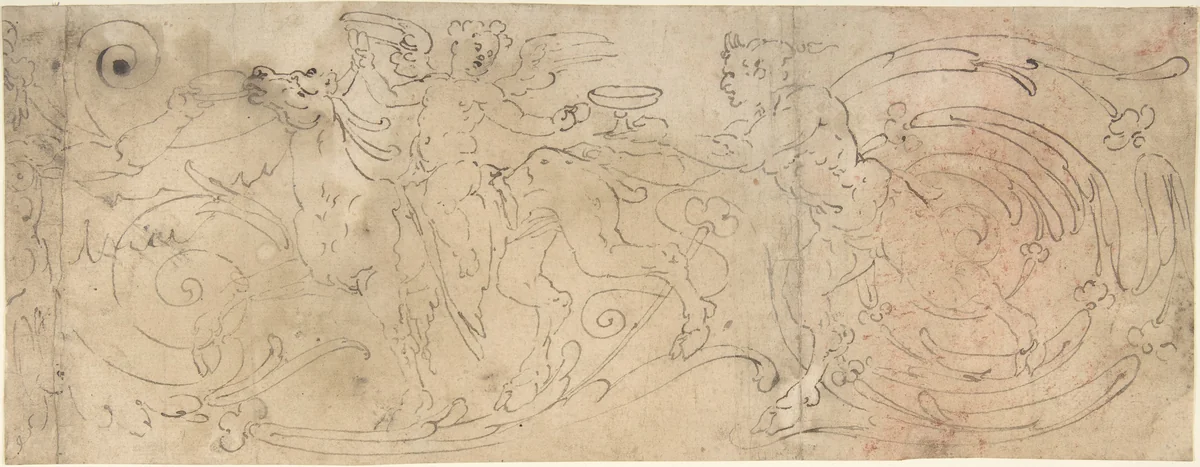 Frieze with Acanthus Rinceau with Grotesques by anonymous, drawing, 1550-1599