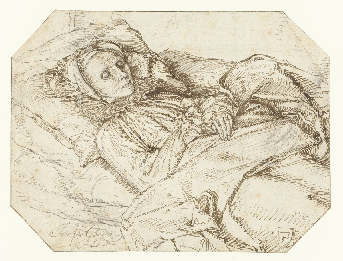 Vrouw op haar doodsbed by Jacques de Gheyn, drawing, 1596-1601