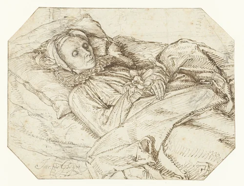 Vrouw op haar doodsbed by Jacques de Gheyn, drawing, 1596-1601