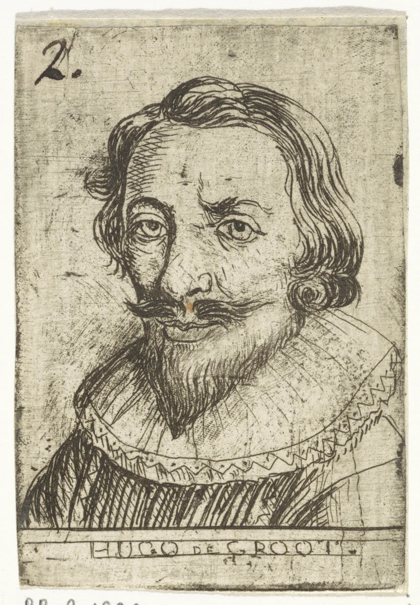 Portret van Hugo de Groot by Rienk Jelgerhuis, print, 1739-1806