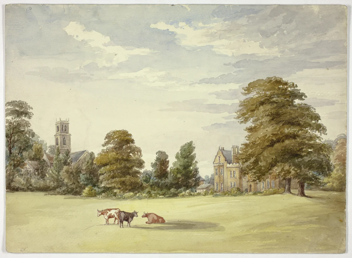 Cows before Manor House and Church by Elizabeth Murray, painting, 1835-1882