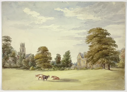 Cows before Manor House and Church by Elizabeth Murray, painting, 1835-1882