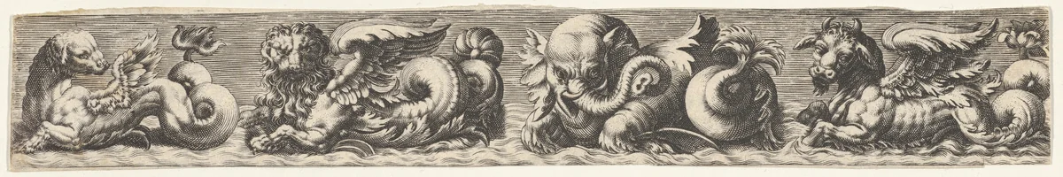 Frieze with Sea Monsters by Johann Theodor de Bry, print, 1580-1600