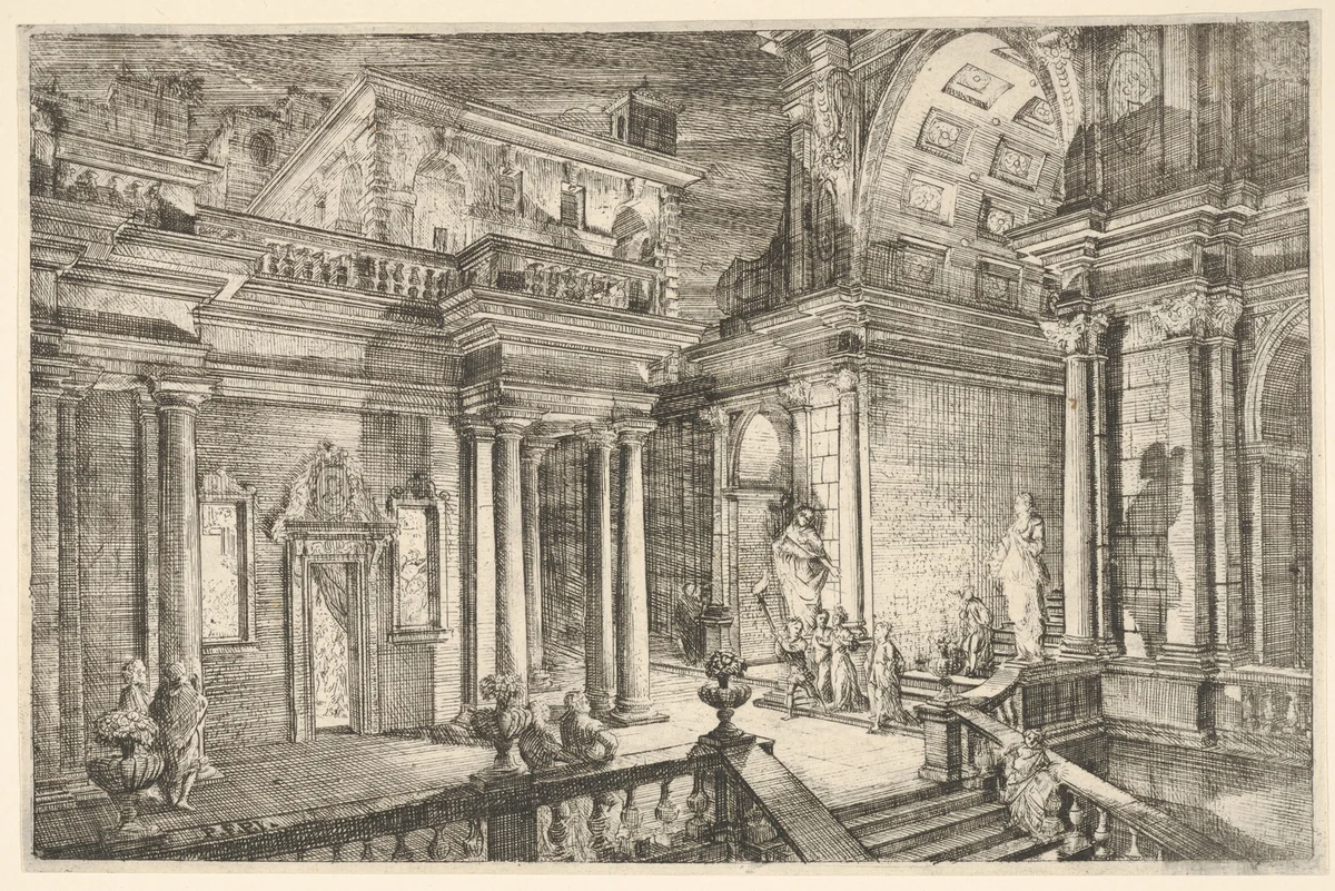 Interior of a Classical Building Showing People Engaged in Conversation by Pietro Francesco Prina, print, 1700-1737