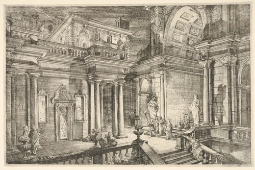 Interior of a Classical Building Showing People Engaged in Conversation by Pietro Francesco Prina, print, 1700-1737