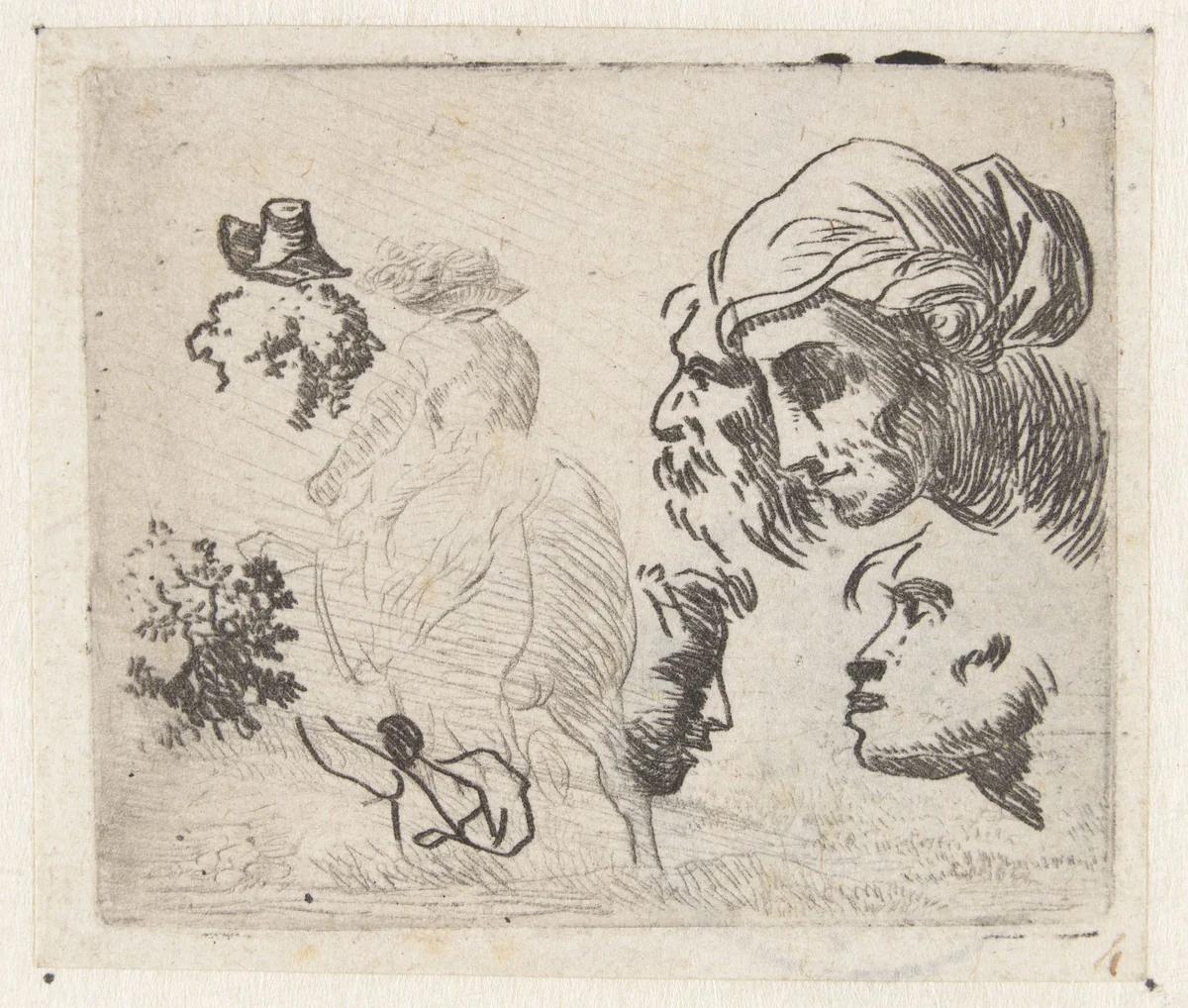 Studieblad met hoofden en ruiter by Karel du Jardin, print, 1652-1659