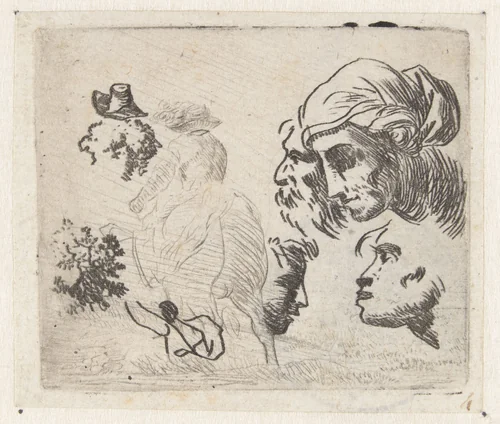 Studieblad met hoofden en ruiter by Karel du Jardin, print, 1652-1659
