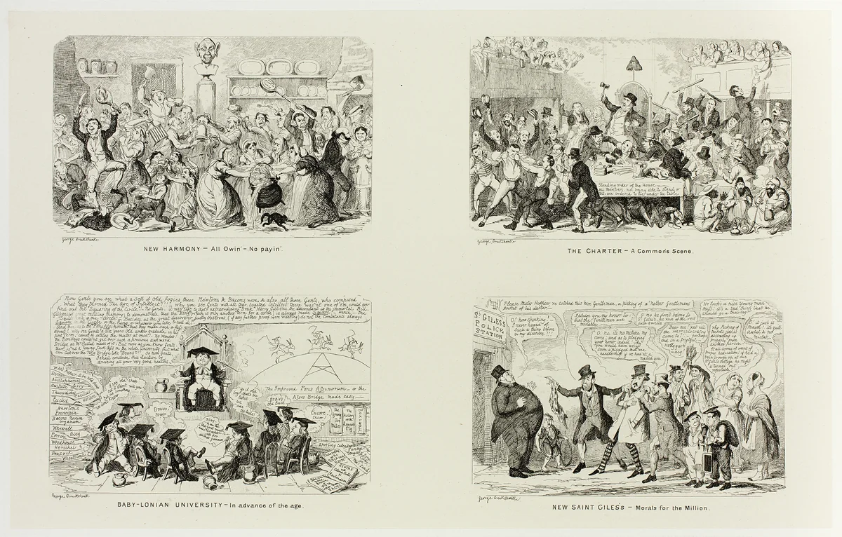 New Harmony - All Owin' No Payin' from George Cruikshank's Steel Etchings to The Comic Almanacks: 1835-1853 (top left) by George Cruikshank, print, 1843