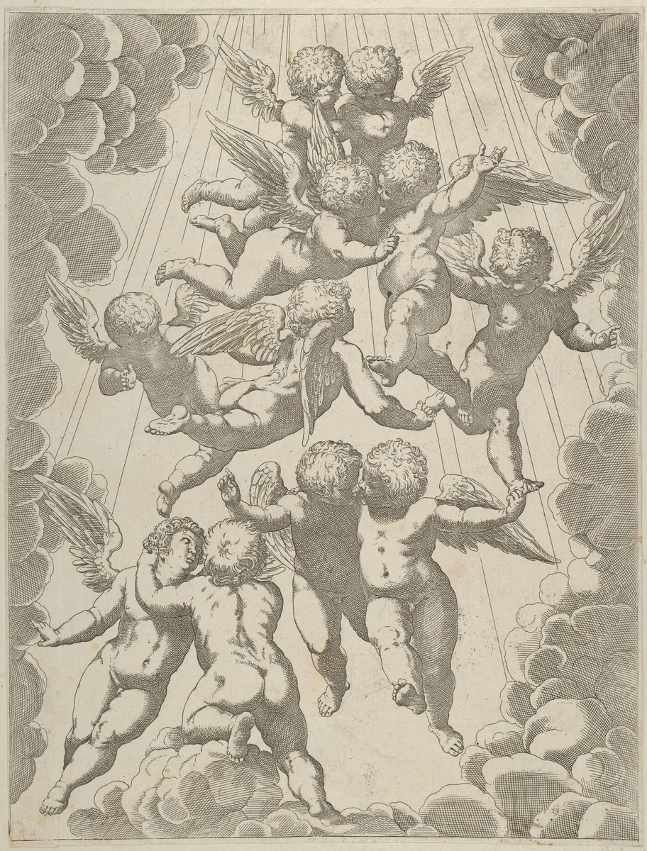 A group of angels embracing in flight, framed by clouds, after Reni by anonymous, print, 1595-1645