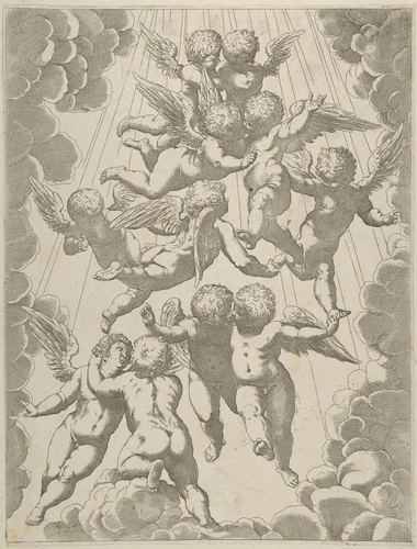 A group of angels embracing in flight, framed by clouds, after Reni by anonymous, print, 1595-1645