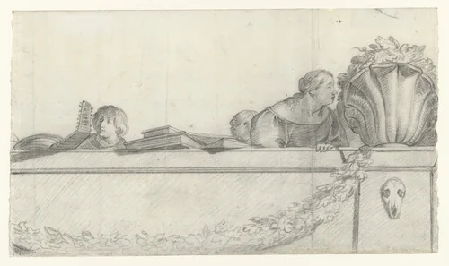 Personen op een balustrade met festoenen by Cornelis Holsteyn, drawing, 1633-1638