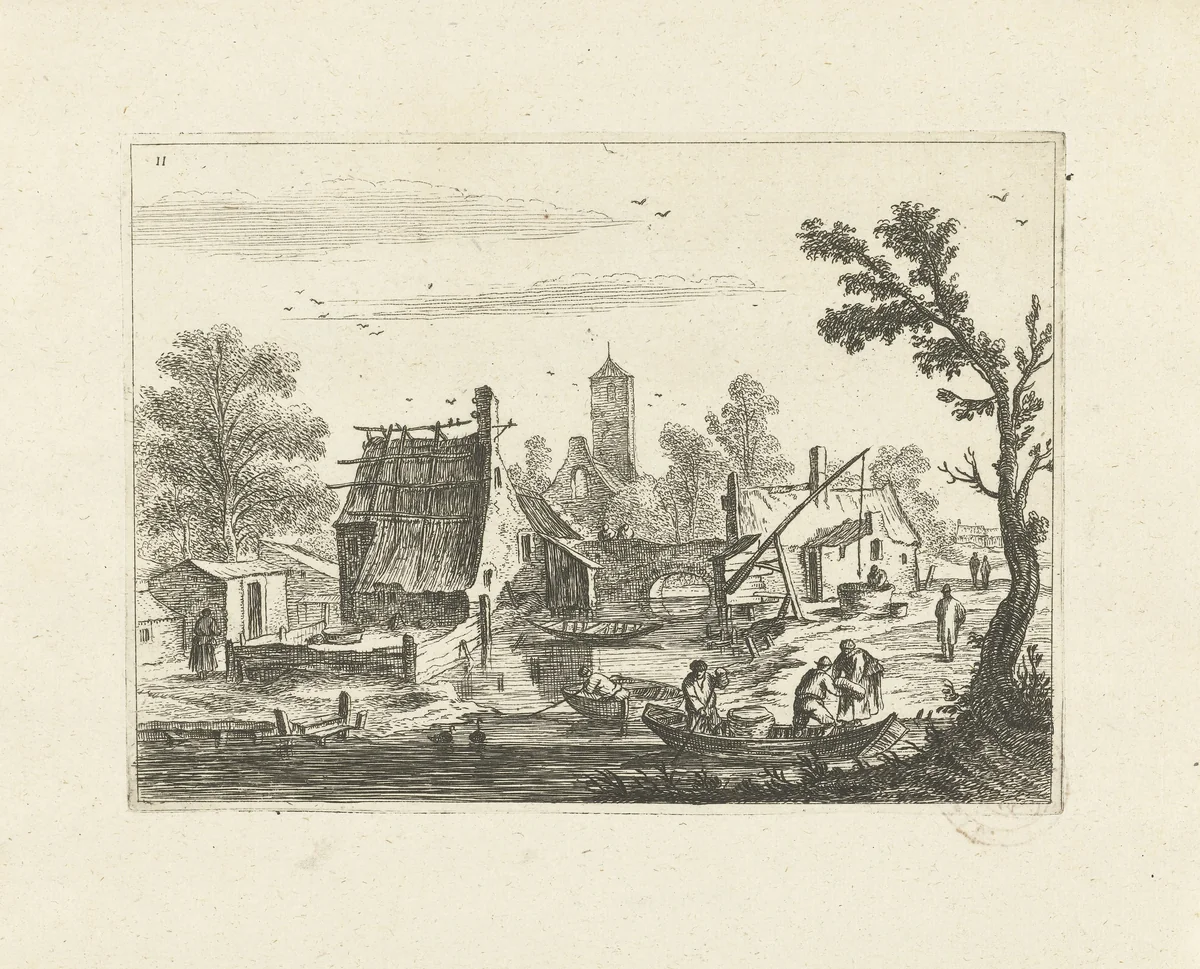 Landschap met dorp aan rivier by Johannes Gronsveld, print, 1679-1728