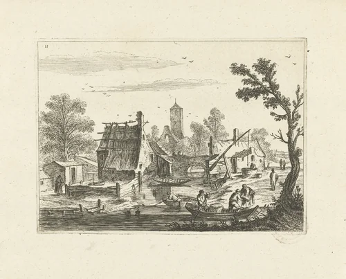 Landschap met dorp aan rivier by Johannes Gronsveld, print, 1679-1728