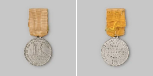 Op het 50jarig feest ter herdenking van het afschudden van het Franse juk door de gewapende burgerij van Brielle op 1 december 1813 by anonymous, metalwork, 1863