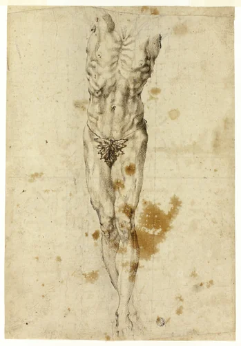 Crucified Christ or Marsyas by Michelangelo Buonarroti, drawing, 1585-1595