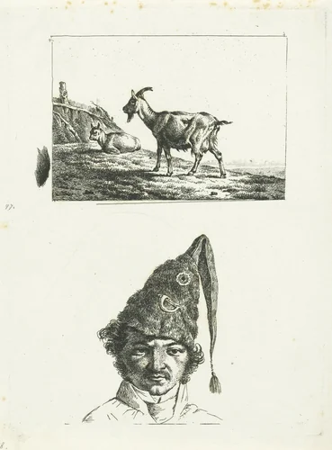 Geit en bok en een soldatenkop by Frédéric Théodore Faber, print, 1828-1831