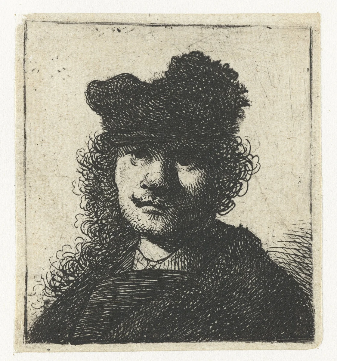 Self-portrait in a cap and dark cloak: bust by Rembrandt van Rijn, print, 1631