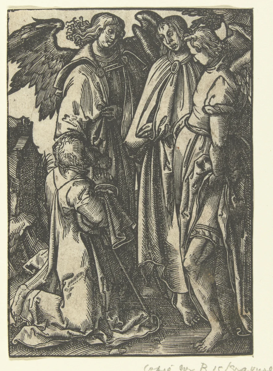 Abraham en de drie engelen by anonymous, print, 1511-1583